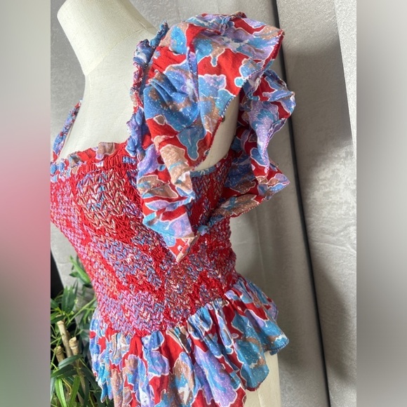Anthropologie Love the Label Floral Print Smocked Ruffle Cropped Top Sz S - Picture 7 of 11